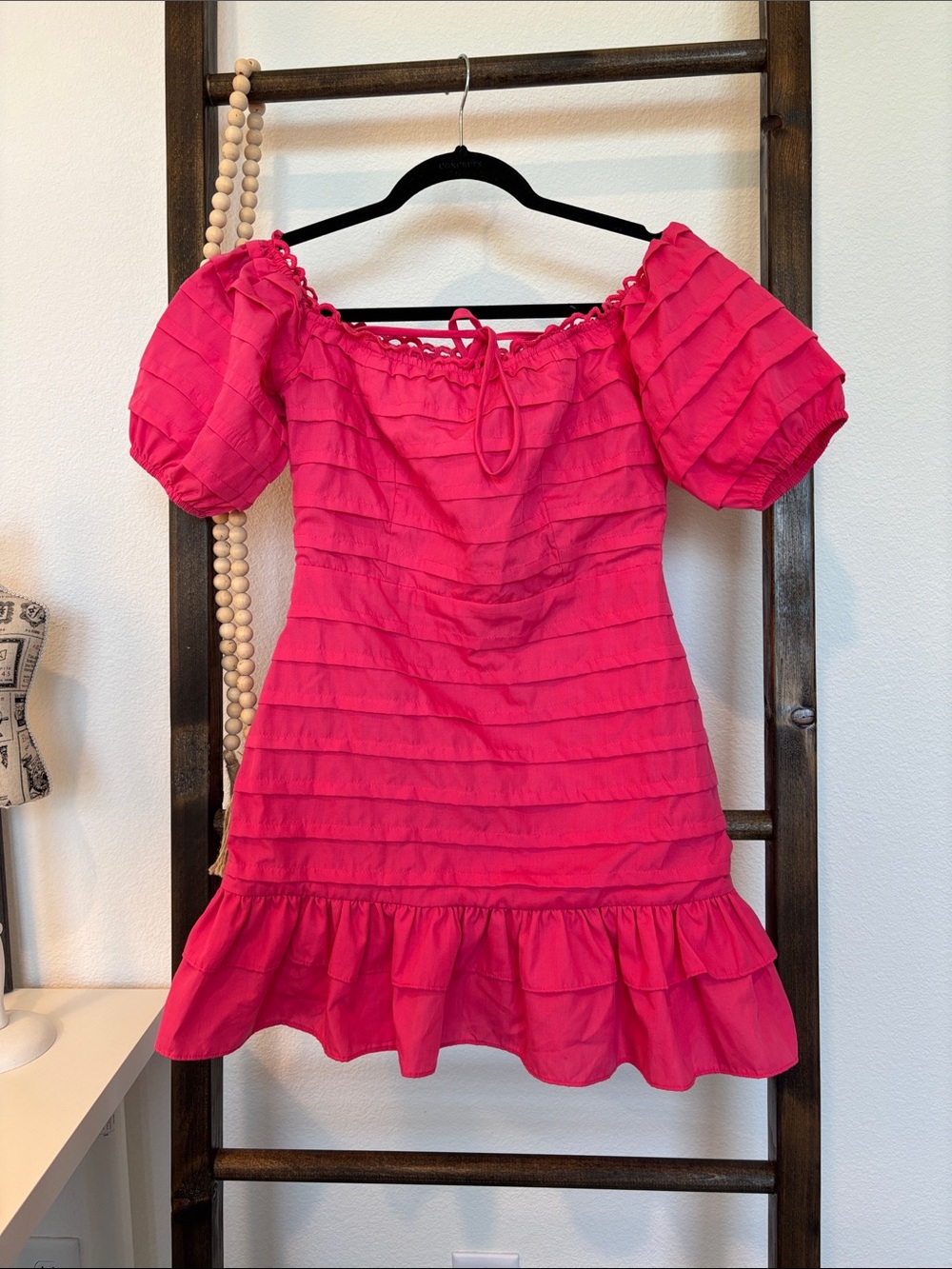 Hot Pink Off-Shoulder Mini Dress with Ruffle Hem